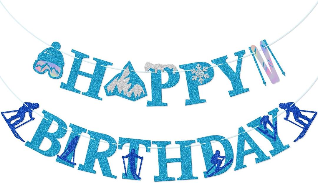 Skiing Birthday Banner, Ski Themed Birthday Party Decor, Skiing & Snowboard Banner, Winter Sports Party Supplies, Blue Glitter