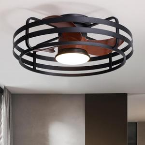 SNZ 24Caged Ceiling Fan with Light, Flush Mount Enclosed Ceiling Fans with Remote & APP, 3000K-6500K, 6-Speed Reversible Quiet Motor, Modern Bladeless Ceiling Fan with Light for Bedroom Living Room
