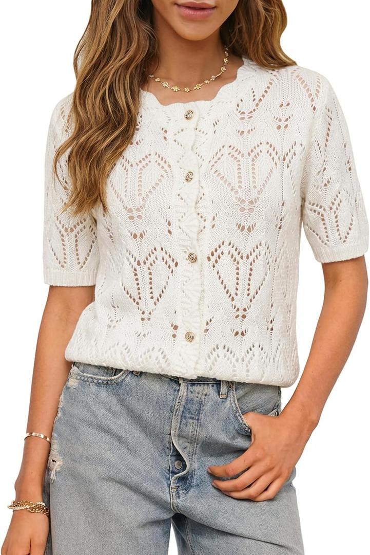 Womens Summer Crochet Cardigan Tops Short Sleeve Casual Knit Blouses Hollow Out Crew Neck Button Down Sweater Shirts (XL)