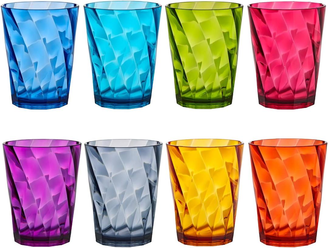 US Acrylic Optix Plastic Reusable Drinking Glasses (Set of 8) 14oz Rocks Cups in Jewel Tone Colors | BPA-Free Tumblers, Made in USA | Top-Rack Dishwasher Safe