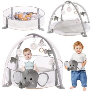 5-in-1 XL Large Baby Gym & Ball Pit, Play Mat & Play Gym, Combination Baby Activity Gym with Milestone Cards for Sensory Exploration and Motor Skill Development, Balls are not Included (Grey)