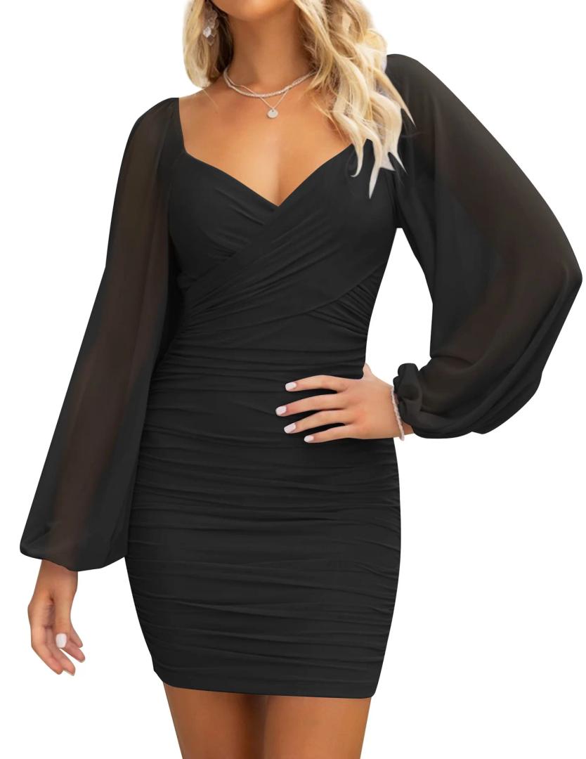 ZESICA Puff Long Sleeve Sexy V Neck Ruched Bodycon Mini Dress, M, Black