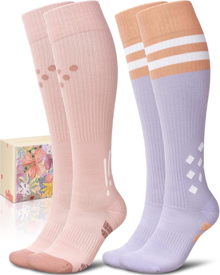 CTHH Cotton Compression Socks for Women 15-20mmHg Cute Knee High Socks Support for Running, Travel, Nurse, Pregnancy, S-M