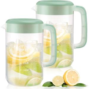 2Pcs Plastic Pitcher with Lid Large Clear Water Carafe Jug Ice Tea Pitcher Lemonade Juice Beverage Jar with Strainer Cover Handle Measurements for Hot Cold Coffee Drink (Green,1 Gallon/4L)