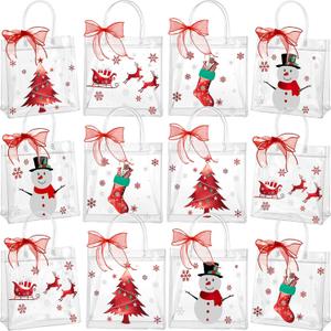 Henoyso 12 Pcs Christmas Clear Gift Bags Plastic Candy Treat Goodie Bags Red Foil Santa PVC Wrap Totes with Handles and Ribbon Xmas Party Favors (Snowman and Christmas Tree, 7.8 x 7.8 x 3.1 Inch)