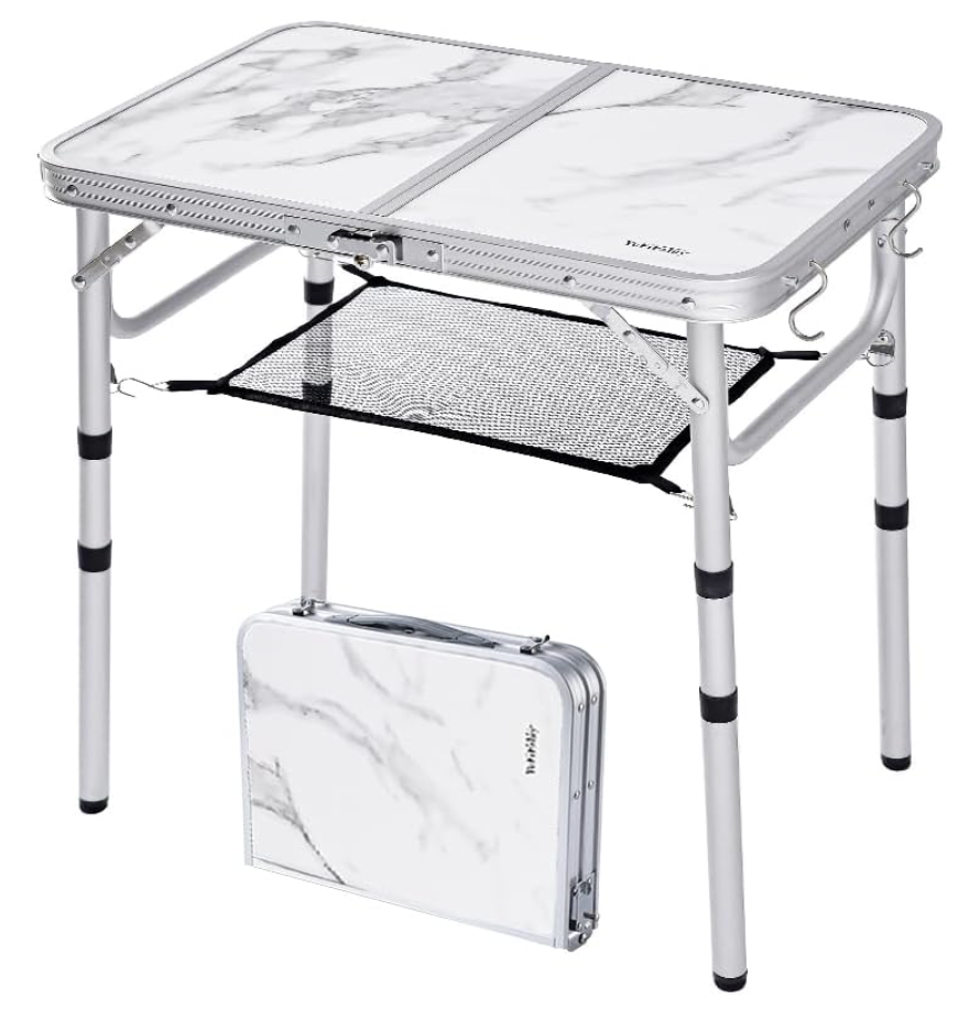 YUFIFAIRY Small Folding Camping Table, 2ft Portable Table with 3 Adjustable Heights, Aluminum Lightweight Foldable Picnic Table with Mesh Layer and Extension Legs for RV, BBQ and Indoor