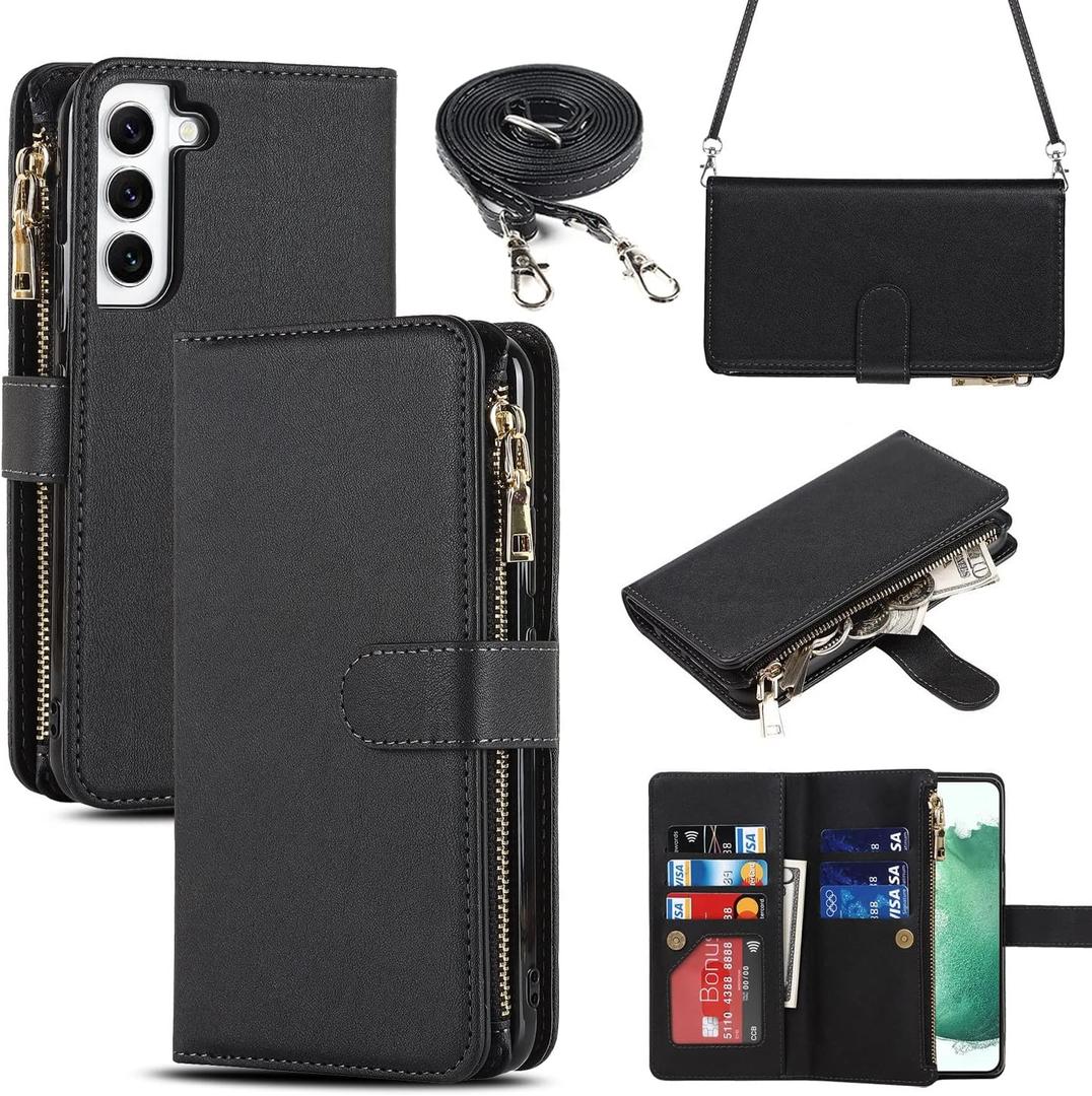 iCoverCase for Samsung Galaxy S22 Wallet Case with Card Holder, Kickstand Feature PU Leather Case with Adjustable Crossbody Lanyard Magnetic Clasp Zipper Pocket Flip Cover (Black)