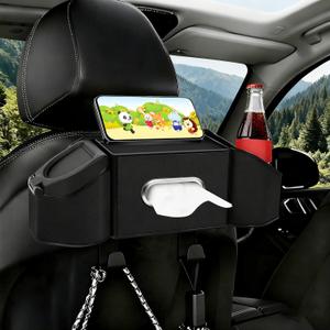 7-In-1 Car Seat Back Organizer with Cup Holders, Tissue Box, Garbage Can&Hooks, Multifunctional Headrest Storage Organizer, Headrest Cup Holder for Backseat, Car Accessories for Trips, Travels(Black)