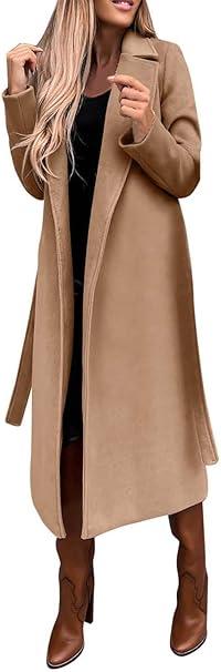 Womens Long Wool Pea Coats Notched Collar Open Front Woolen Blend Trench Coat with Belt (Camel, Medium)