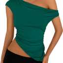 PRETTYGARDEN Womens 2025 Summer Off The Shoulder Crop Tops Sleeveless One Shoulder Ruched Asymmetrical Y2K Going Out Tank Top (Green, S)