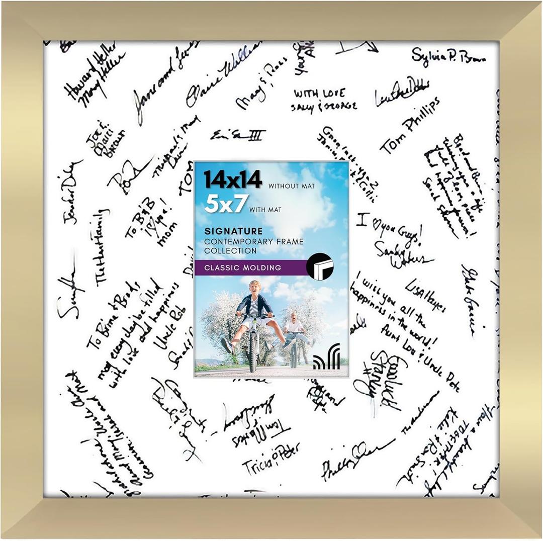 Americanflat 14x14 Wedding Signature Frame with Shatter-Resistant Glass - Use as 5x7 Frame with Mat or Display 14x14 Photos Without Mat - Signature Collection - Autograph Frames for Wall - Gold