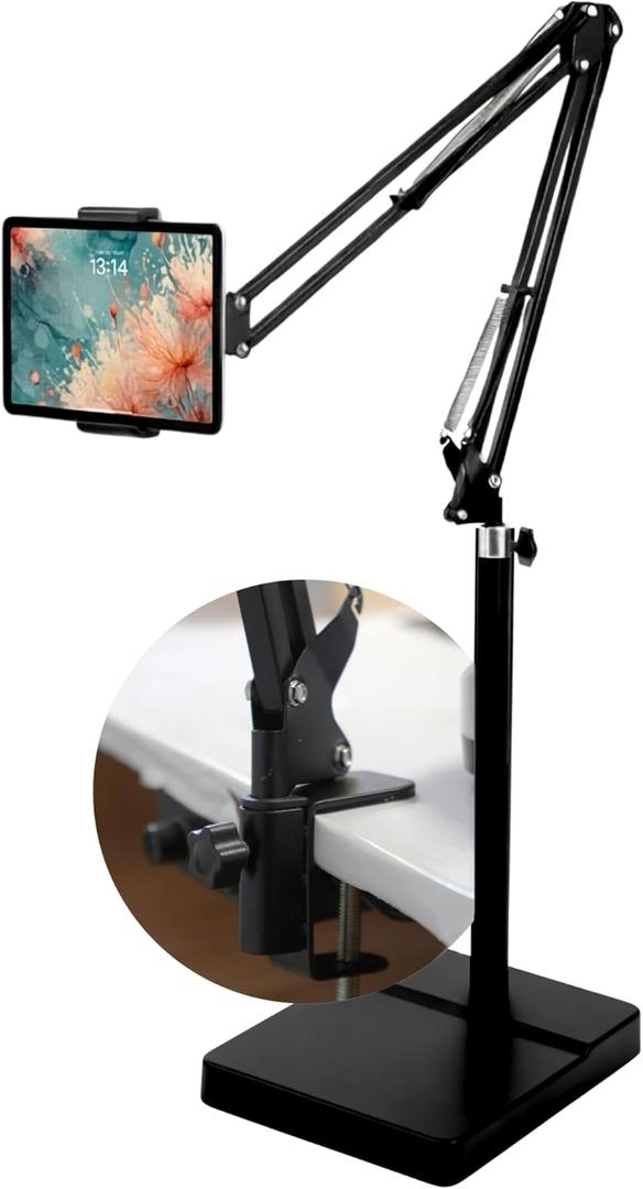 2-in-1 Tablet Floor Stand with tablet stand for desk  Stable 8lb Base with Stretchable Arm for Bed, Couch, or Desk Compatible with iPads, Galaxy Tabs, Surface Pro, Phones & E-Readers (4.7"12.9")