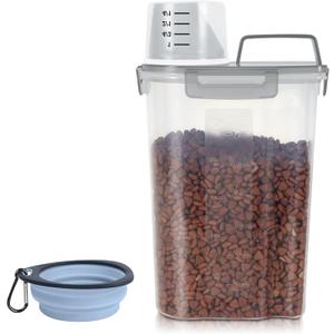 3-5Lbs/3Qt Dog Cat Food Storage Container With Foldable Bowl. Plastic Pet Food Dispenser for Small Animal Kibble/Pet Food/Bird Seed/Oatmeal/Rice/Flour/Brown Sugart/Cereals (Clear Grey)