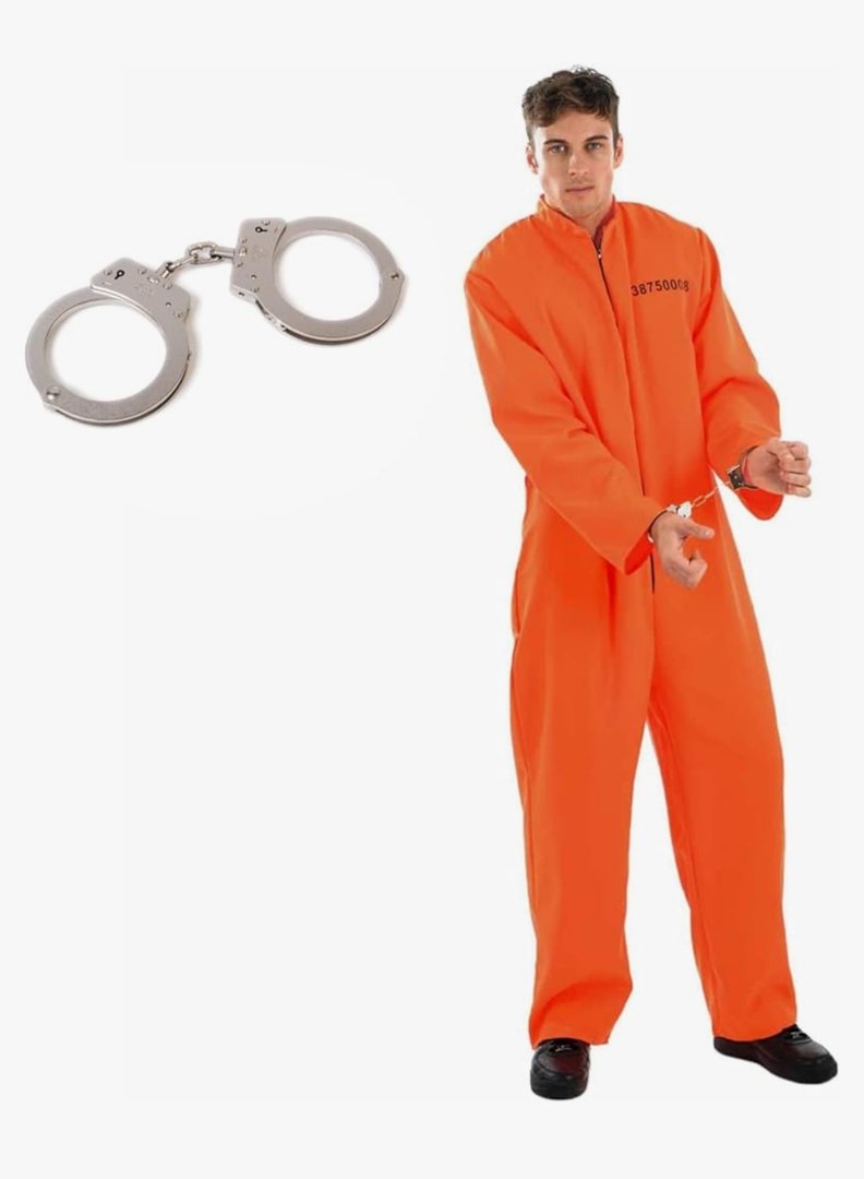 fun shack Men's Prisoner Costume, Orange Jail Inmate Jumpsuit, Adult Prison Outfit for Halloween or Costume Parties, Size L