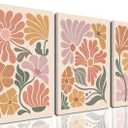 ZZALZSM Floral Boho Wall Art Set of 3 Retro Pastel Colors Flower Posters Minimalist Botanical Canvas Prints Modern Flowers Painting Pictures Mid-Century Decor for Living Room Bedroom 12x16in Framed
