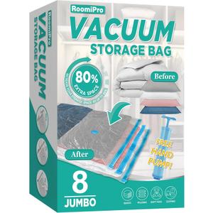 Space Saver Vacuum Storage Bags, 8 Jumbo Vacuum Sealer Bags with Pump, Storage Vacuum Sealed Bags for Clothing, Comforters, Blanket Storage, Bedding
