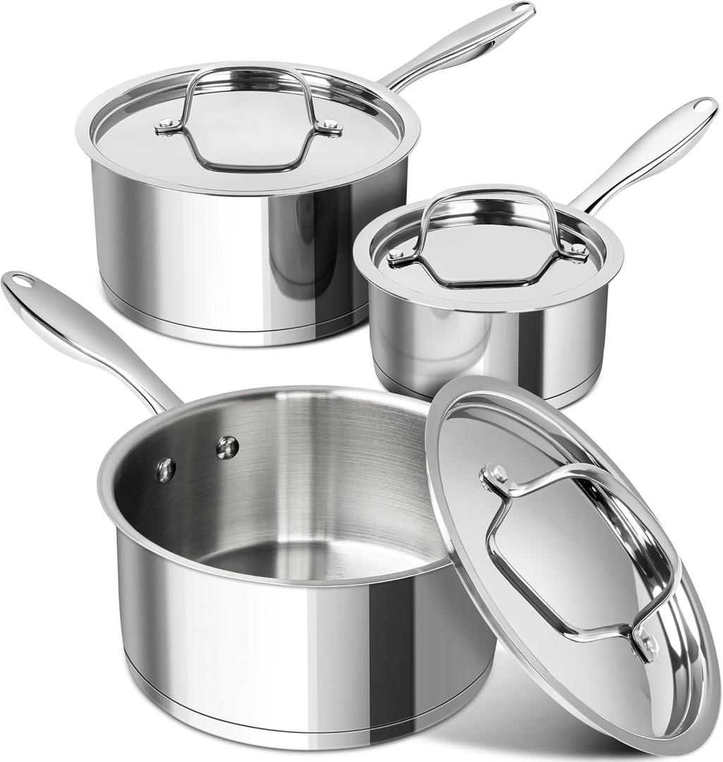MICHELANGELO Stainless Steel Saucepan Set with Stainless Lids, Tri-Ply Bottom Sauce Pan with Lid, Sauce Pot Set 1QT & 2QT &3QT, Nonstick Saucepan, Dishwasher Safe (1+2+3 QT)