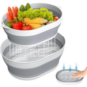 2 in 1 Collapsible Sink Basin - 5.3 QT Foldable Fruit Washing Bowl with Strainer - Silicone Collapsible Colander for Kitchen Organization RV Camping
