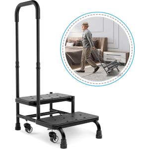 FORTEMOTUS Step Stool with Handle for Elderly with Wheel - Heavy Duty Bed Steps for High Beds for Adults with Adjustable Handle, Portable Foot Stool Ladder for Bedside, Kitchen, Car, RV, Bathtub (Dark)