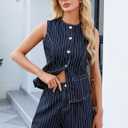 Denim Vest Women Jean Vest Tops Button Down Sleeveless Denim Tank Tops Crew Neck Summer Trendy Waistcoat with Pockets (Large, 03-blue Striped)