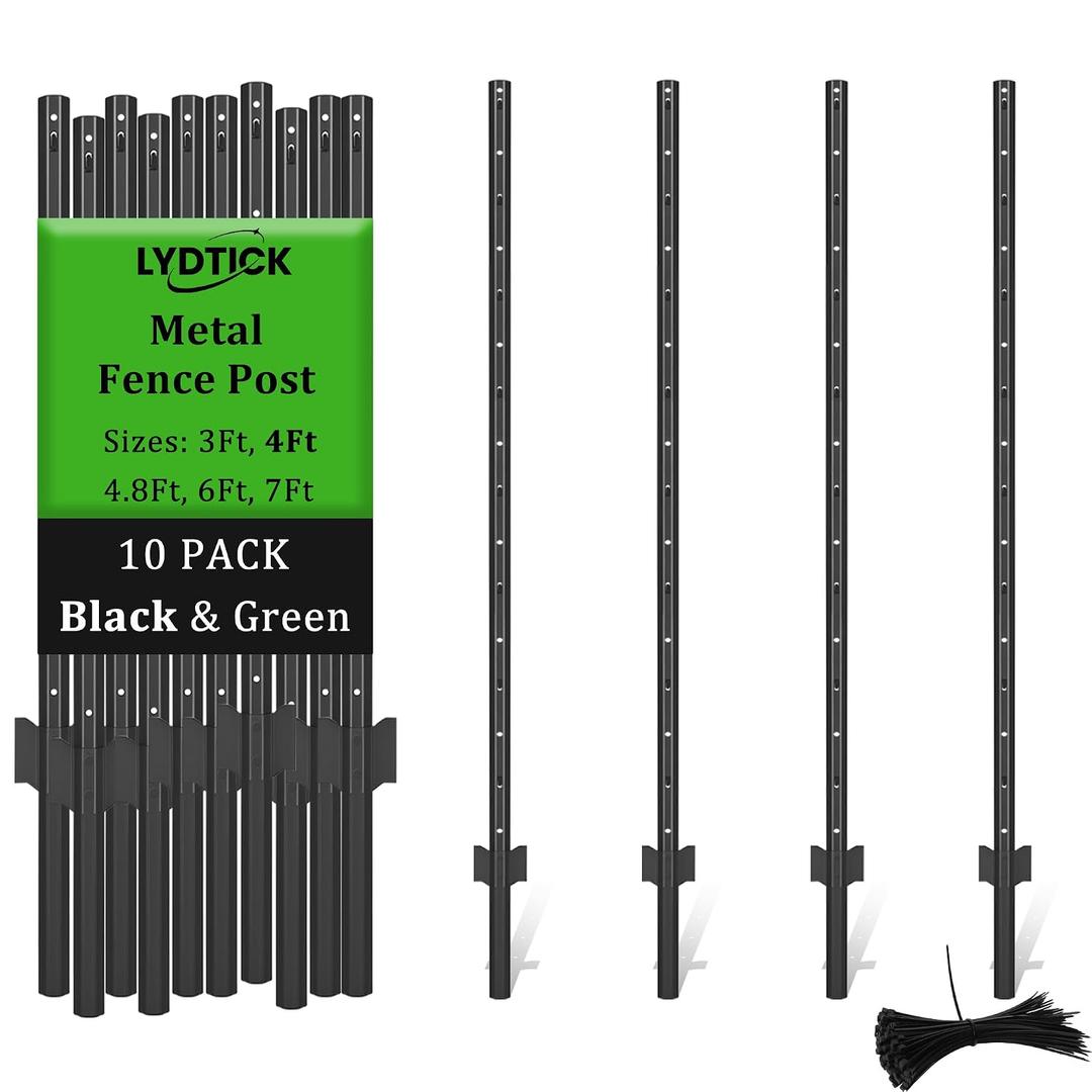 10Pack Fence Posts 4Ft in Bulk, Metal Fence Stakes Black Fencing Pole Heavy Duty T Post for Garden Wire Fencing, Black