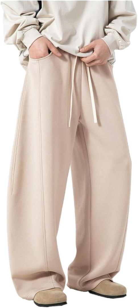 AIFARLD Mens Baggy Sweatpants Wide Leg Casual Sweat Pants with Pockets Elastic Waist Drawstring Relaxed Fit (Large, Beige)