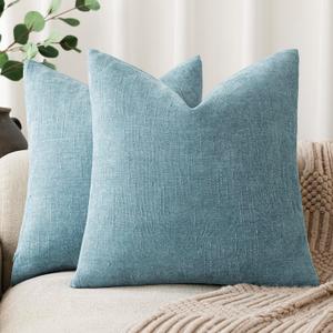 Foindtower Pack of 2 Textured Chenille Throw Decorative Pillow Covers Square Accent Solid Cushion Cover Neutral Farmhouse Pillow Case for Couch Sofa Bedroom Living Room 20x20 Inch,Light Blue (Sky)