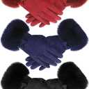 Shihanee 3 Pairs Women Winter Gloves with Fur Cuff Touchscreen Suede Red Black Blue Gloves Fleece Lined Bow Tied Cold Weather Warm Thermal for Texting Gifts Driving Running