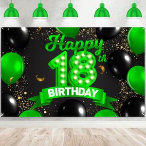 Happy 18th Birthday Green and Black Banner Backdrop Cheers to 18 Years Old Confetti Balloons Theme Decor Decorations for Girls 18 Years Old Birthday Party Bday Supplies Background Gift Glitter