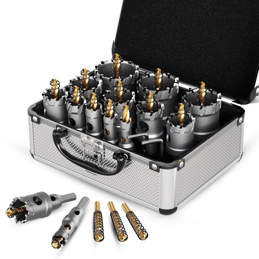 GSTK Upgrade Heavy Duty Carbide Hole Saw 14 Pcs, Metal Steel Hole Saw Drill Bit, TCT Hole Cutter, Alloy Hardness Upgrade, with 2*Extra Titanium Plated Pilot Center Drill and 2*L-Wrench