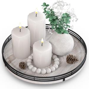 12" Farmhouse Lazy Susan for Kitchen & Coffee Table Decor Rustic Whitewashed Wood Tray with Black Metal Frame, Decorative Centerpiece for Dining Room, Ottoman, Living Room, Serving or Vanity Use