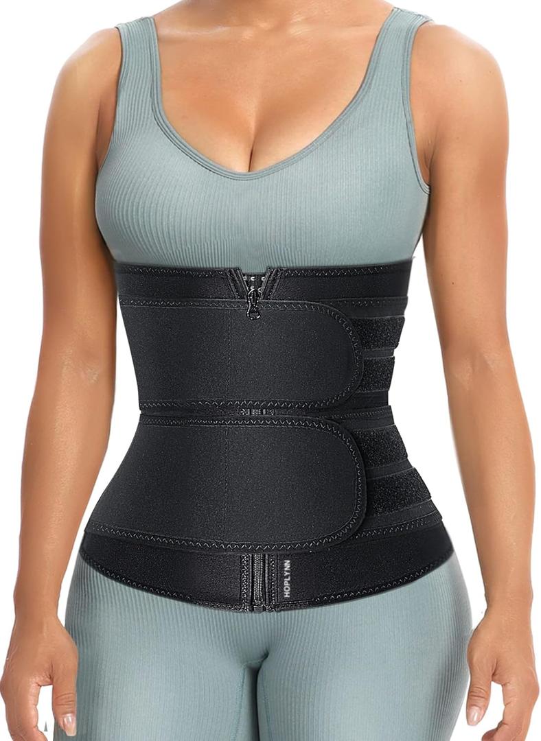 HOPLYNN Sweat Waist Trainer for Women Two Belts, Neoprene Workout Corset Waist Trainer Cincher Trimmer Shaper Zipper (Large, Black)