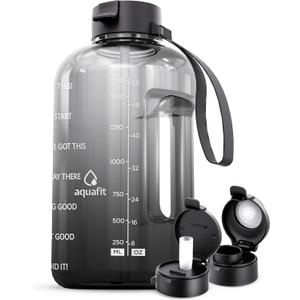 AQUAFIT Half Gallon Water Bottle with Time Marker - Straw & Chug Lid - BPA Free Gym Water Bottle with Straw - Big Gallon Jug (Midnight Gray, 64 oz - 2 Lids)