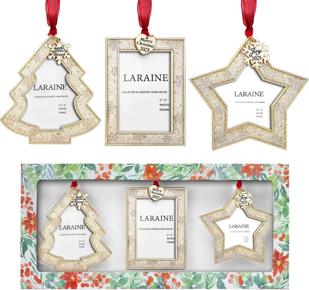 Laraine Christmas Tree Ornaments 3 Pieces  Decorative Hanging 2025 Star Pendant with Small Picture Frame Insert for Baby and Pet Holiday Keepsake Gift (Gold (2025))