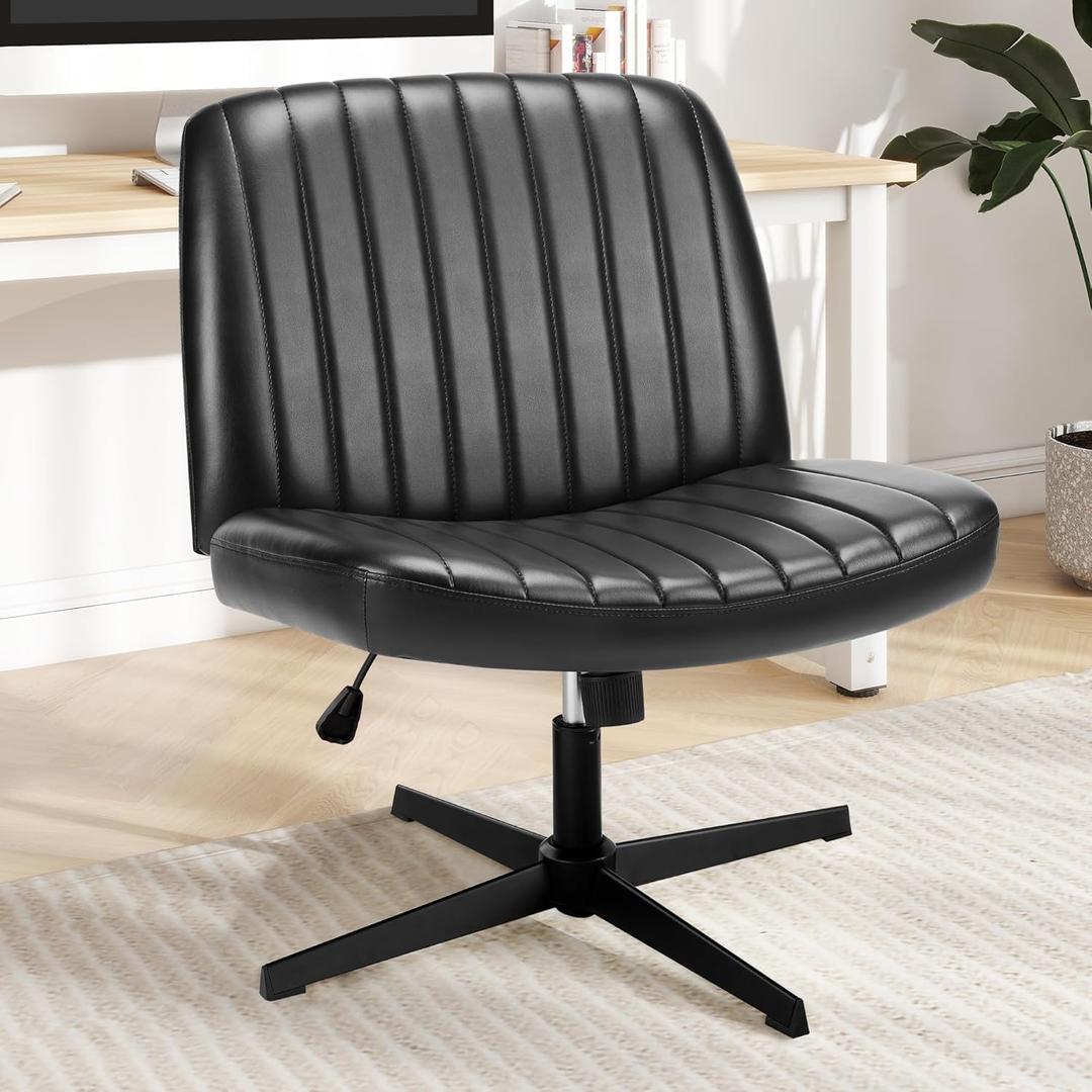 DUMOS Criss Cross Chair Legged Office Wide Comfy Desk Seat, No Wheels Armless Computer Task Seating, Swivel Vanity Home Height Adjustable (Glossy Black)