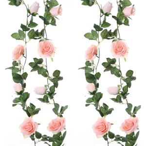 Felice Arts 2 Pack Pink Artificial Rose Garland Each 6.5FT Fake Rose Vine Hanging Floral Garland for Wedding Swing Table Centerpiece Arrangement Decor