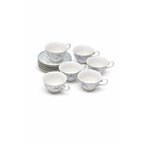 Elegant Blue Floral Porcelain Teacup & Saucer Set – 6 Cups with Matching Saucers