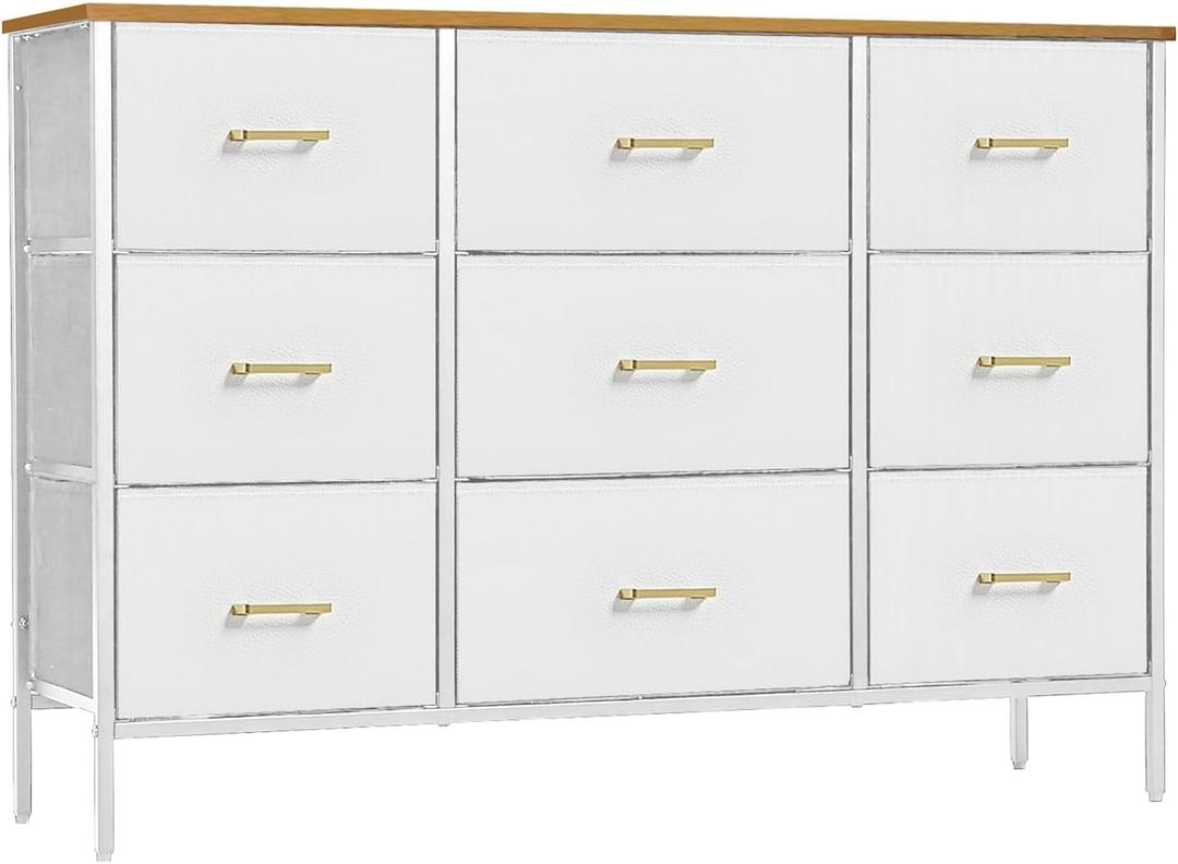 Wide TV Stand Modern TV Console, 9 Drawers Dresser for Bedroom, Fabric Storage Cabinet, Chest of Drawers for Closet, Nursery, Living RoomWhite (White-retro Top)