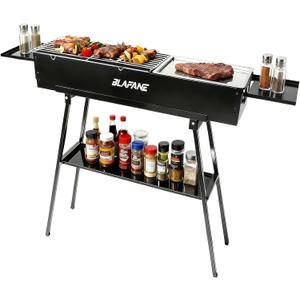 Charcoal Grill, Alloy Steel BBQ Barbecue Outdoor Grilling with Durable Support Frame and Dual Adjustable Vents for Tailgate Patio Beach Backyard(31.6x7.1x5.1 inch with Flat Grill Plate), Black
