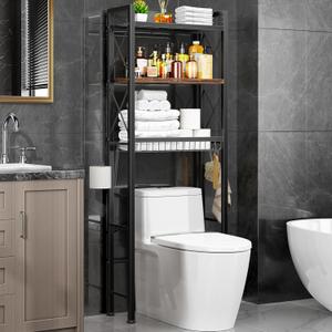Kalrin Over The Toilet Storage with X Shape Side Guardrail, 3Tier Over Toilet Storage Rack with Drain Basket, Freestanding Bathroom Organizer for Balcony Laundry, Vintage Brown