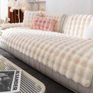 Faux Fur Couch Cover, Soft Warm Plush Sofa Couch Cover, Non Slip Sectional Sofa Slipcovers for L Shaped, Washable Furniture Protector for Kids, Dogs(Beige White, 36"x 63")