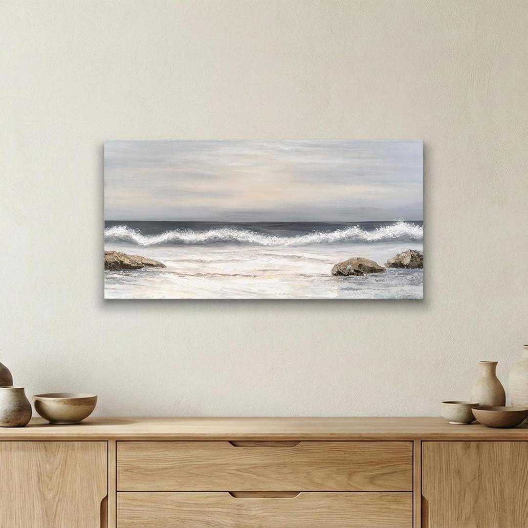 SENROLAN Neutral Blue Grey Seascape Canvas Wall Art, Coastal Ocean Waves Horizontal Wall Decor for Living Room, Modern Coastal Home Decor for Bedroom Hallway Entryway, 40x20 Inch