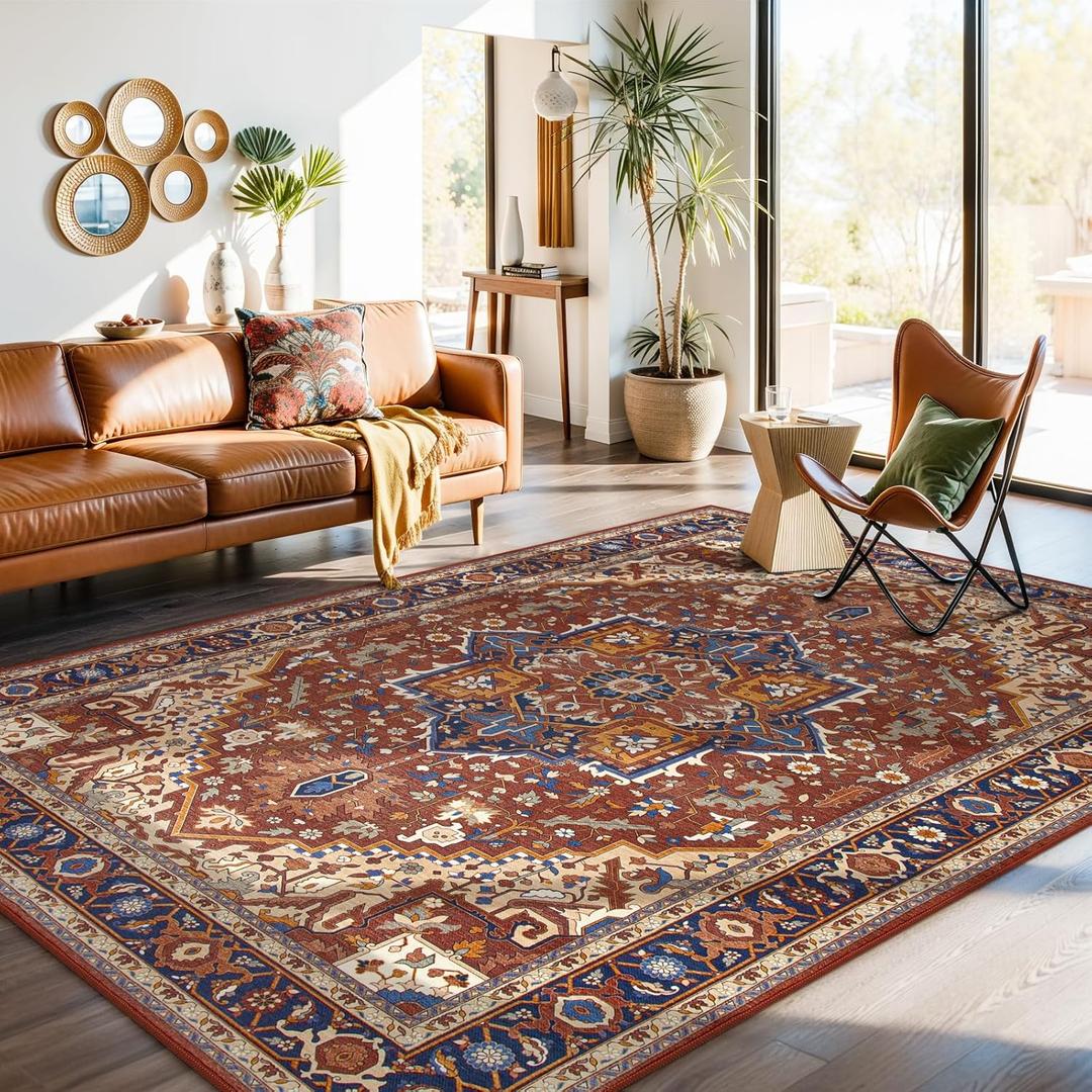 Moynesa Ultra-Thin Washable 8x10 Area Rugs for Living Room, Boho Oriental Rugs for Bedroom Non-Slip Non-Shedding, Large Vintage Carpet for Dining Room Home Office Decor, Brown/Multi (8' x 10')