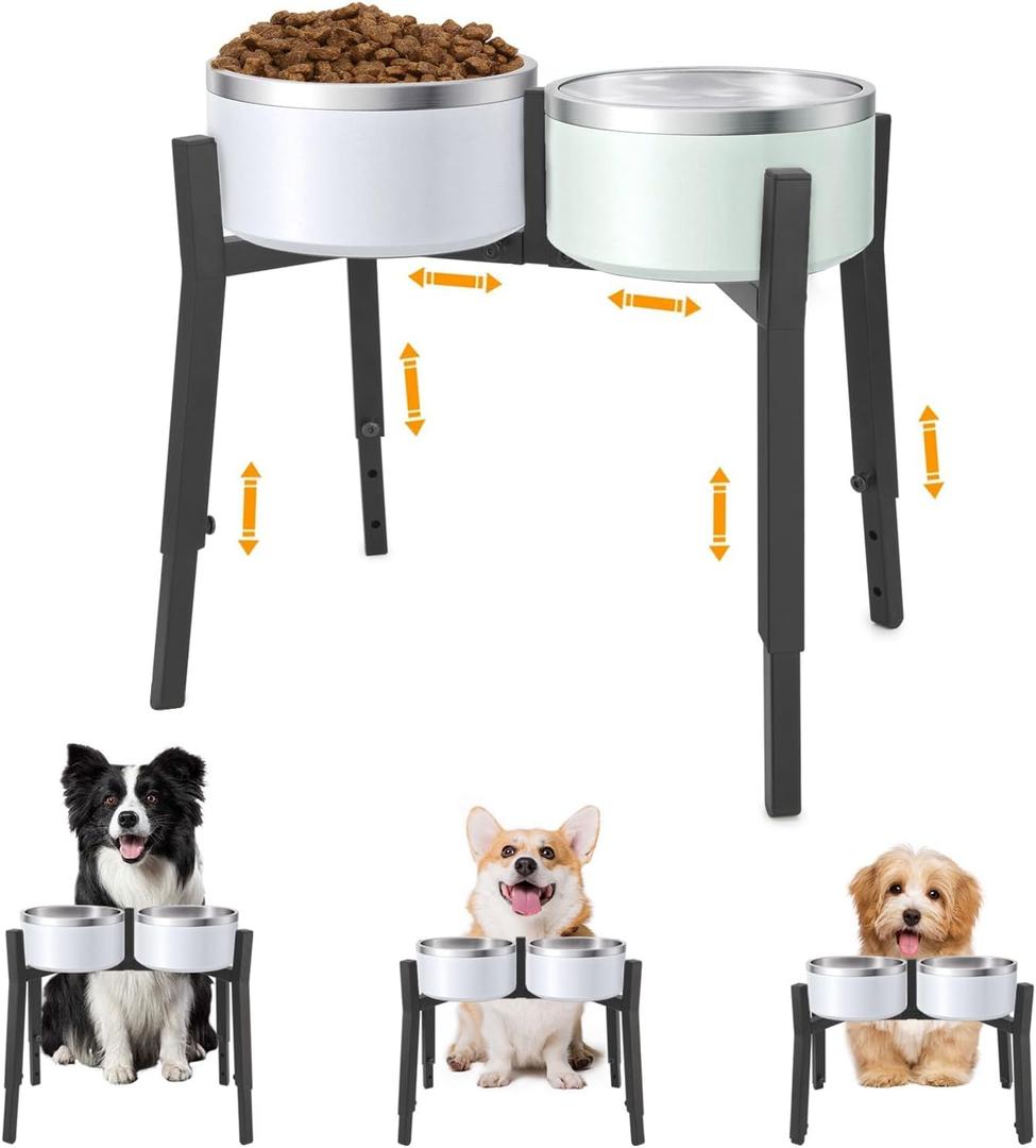 Dog Bowl Stand Elevated, Raised Pet Food & Water Riser for 6.7-10.6" Wide Bowls, Metal Dog Bowl Holder for Small Medium Large Dogs, 2-in-1 Design, Adjusts to 9.8", 11.8", 13.4" Tall(Stand Only)