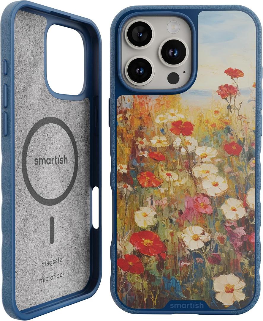 Smartish iPhone 16 Pro Max Magnetic Case - Gripmunk Compatible with MagSafe [Lightweight + Protective] Slim & Thin Grip Cover with Microfiber Lining for Apple iPhone 16 Pro Max - Wildflower Fields