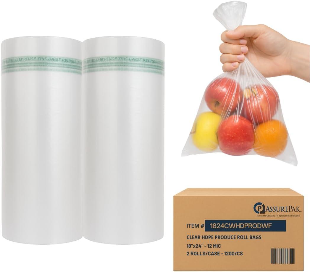 AssurePak Clear Produce Roll - 1200 Bags - 18"x24"  HDPE - 12 Microns - Natural Color - for Food Storage, Grocery Use, Small Business, Reusable Produce, Kitchen Supply, Packaging, Storage Solution