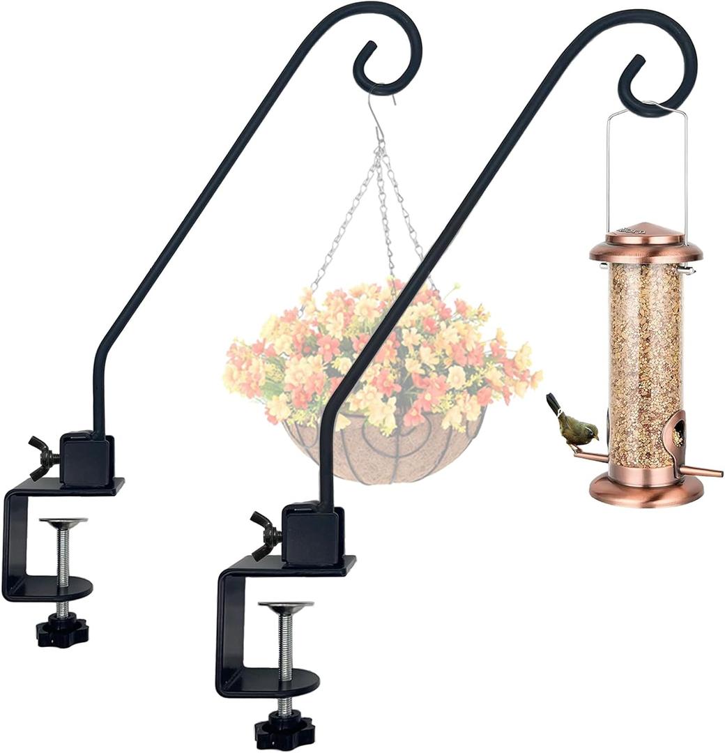 Heavy Duty Deck Hook,Courtyard Decoration,Pole 16.5”Long Metal Deck Railing Hooks for Hanging Bird Feeders,Planters,Suet Baskets,Lanterns,Wind Chimes,Clamp Mounted,Under 18 LBS(2 Pack)