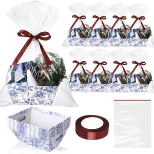 Kolldenn 24 Pcs Blue Christmas Baskets for Gift Empty DIY Bulk 8" x 10" Chinese Floral Chinoiserie Gift Basket Kit with Handles 8 Basket 8 Bags and 8 Bows to Fill for Xmas Hanukkah Party Wrapping