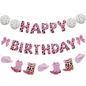 3 x Cowgirl Birthday Party Decorations - Coquette Bow Disco Ball Pink Happy Birthday Cowgirl Boots Banners for Women, Western Disco Cowgirl Party Decorations