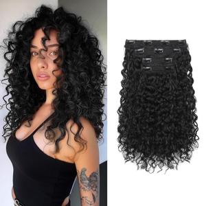 FLUFYMOOZ 4PC Clip in Hair Extensions, 14 Inch 100 Pure Protein Silk Short Hairpiece Deep Curly Wavy Hair Extensions Clip in Natural Soft Hairpiece for Women-Black